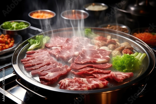 Delicious Japanese Sukiyaki Dinner on Hot Japanese Grill Plate with Fresh Raw Beef Slices - Savory Asian Cuisine with Traditional Ingredients.