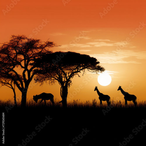 Silhouette of african safari  tree  giraffe  zebra  bird.