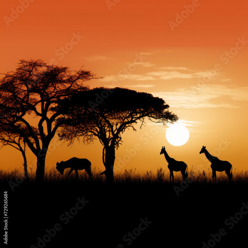 Silhouette of african safari, tree, giraffe, zebra, bird.