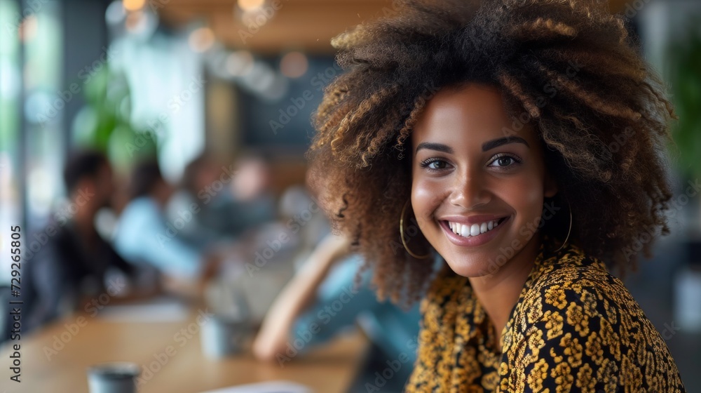 Realistic depiction of a woman in a modern office space, smiling happily while collaborating with coworkers around a conference table Generative AI Realistic depiction of a woman in a modern office space, smiling happily while collaborating with coworkers around a conference table Generative AI