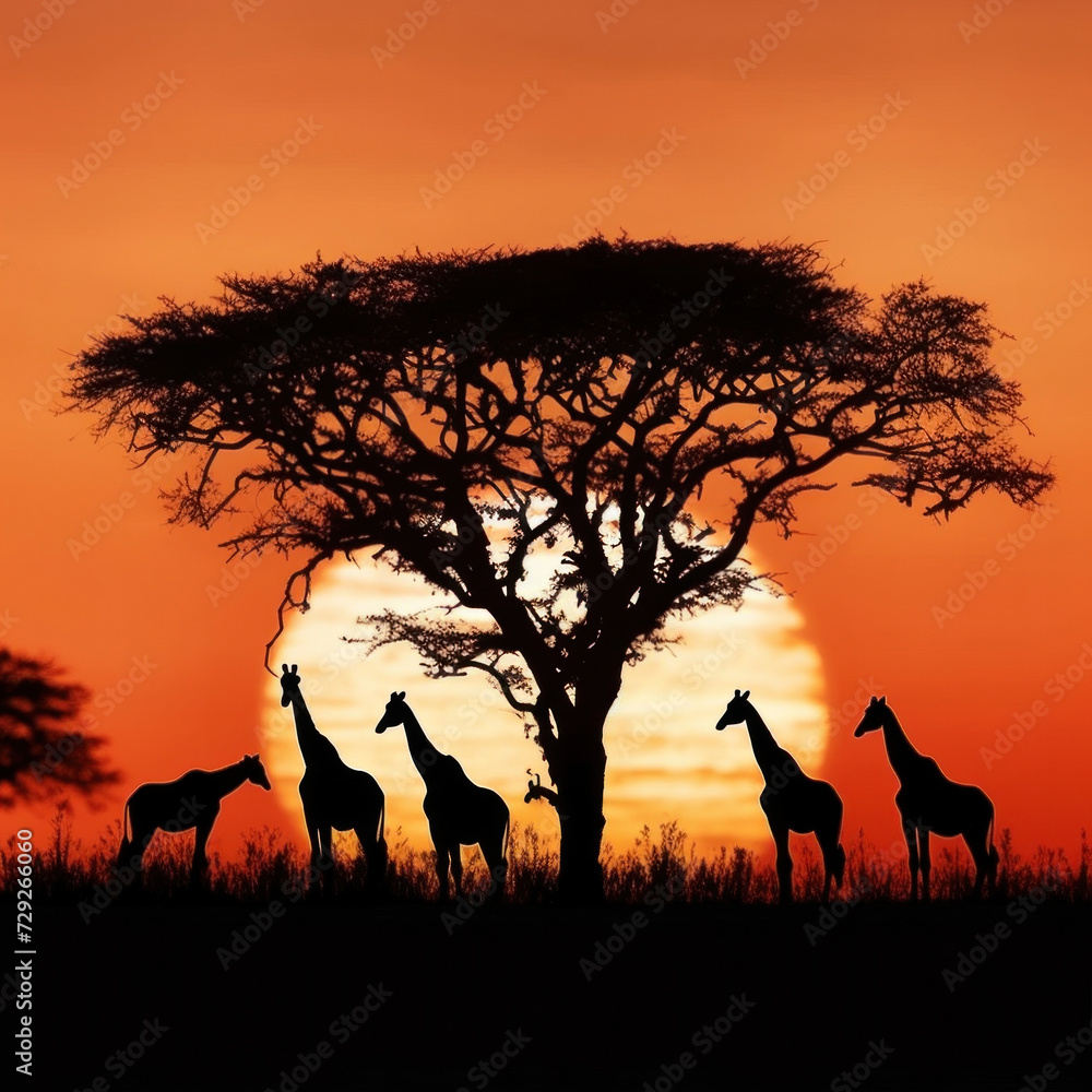 Silhouette of african safari, tree, giraffe, zebra, bird. Silhouette of african safari, tree, giraffe, zebra, bird.