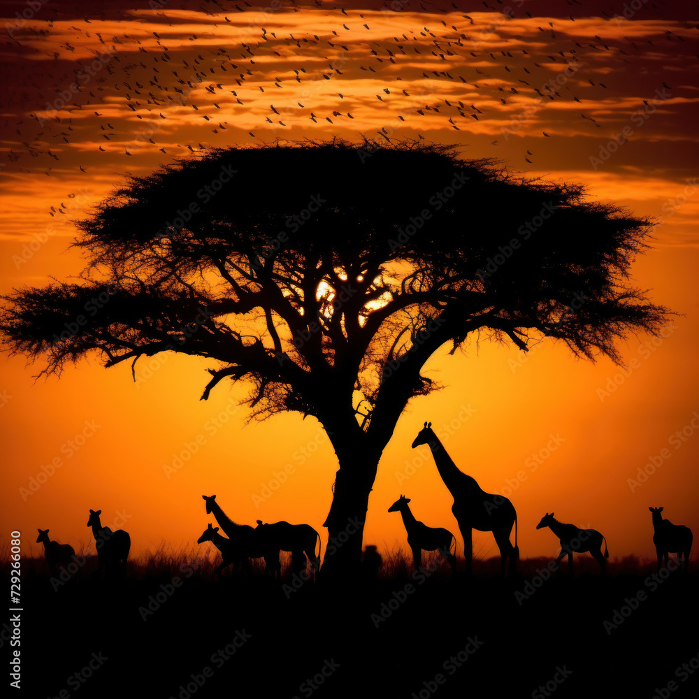 Silhouette of african safari, tree, giraffe, zebra, bird.