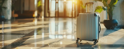 sleek, hard-shell carry-on suitcase stands alone in sunlit hotel lobby, evoking a sense of solitary travel in luxury, possibly used to advertise high-end travel gear or exclusive hotel accommodations photo