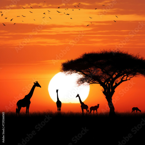 Silhouette of african safari  tree  giraffe  zebra  bird.