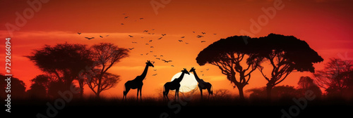 Silhouette of african safari, tree, giraffe, zebra, bird.