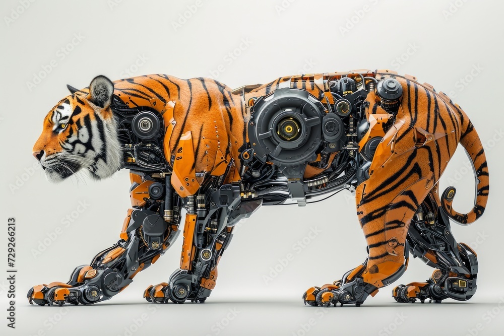 Realistic image of a tiger integrated with robotic components, exhibiting technological modifications against a plain white backdrop Generative AI Realistic image of a tiger integrated with robotic components, exhibiting technological modifications against a plain white backdrop Generative AI