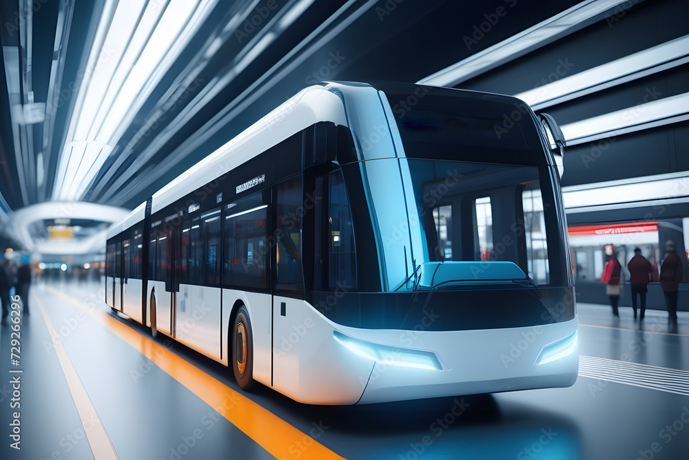 The futuristic public transport bus of the future glides into the station