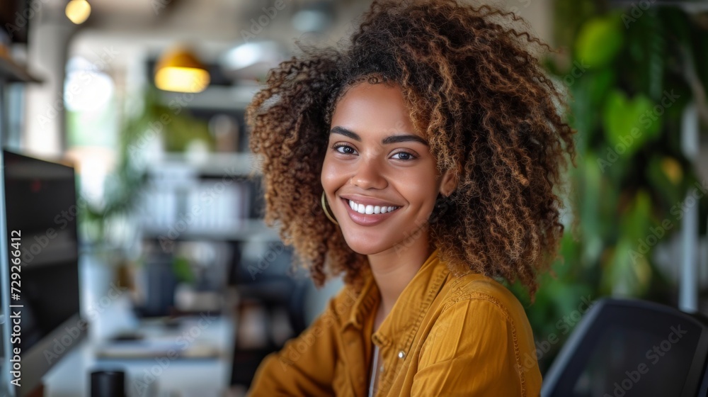 Fototapeta premium Realistic photo concept of a woman in an office, sitting at a desk with a bright smile while working on a computer Generative AI