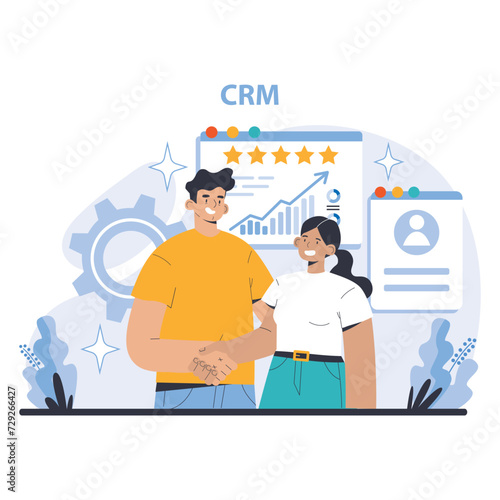 Customer Relationship concept. Illustration of effective CRM strategy and analysis. Teamwork in client satisfaction and retention. Monitoring customer journey and feedback. Flat vector illustration.