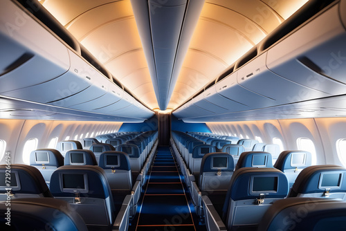 Empty wide-body airplane interior with blue seats, two aisles, and clean modern design