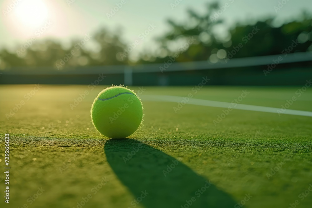 closeup of tennis ball laying on tennis court