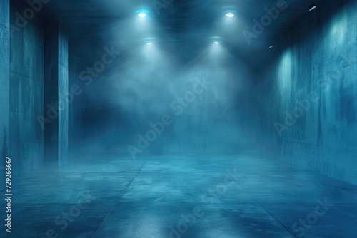 empty hall room with blue lights and steam for product presentation