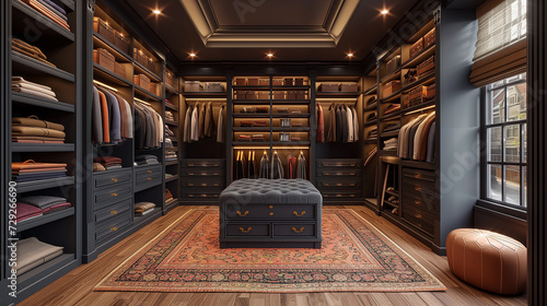 An organized closet room showcasing fashionable man's attire