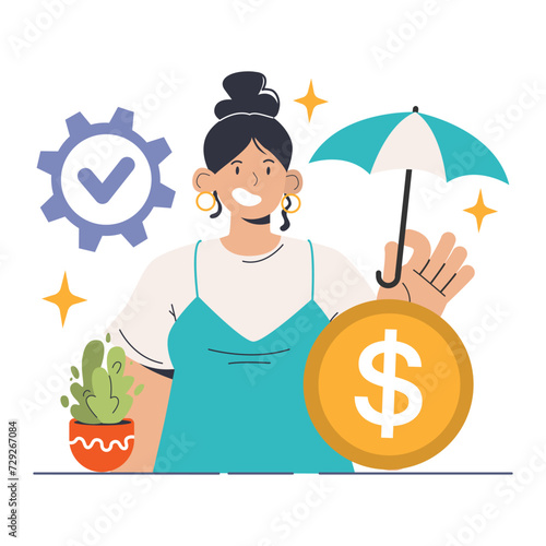 Financial Security Assurance concept. A confident woman with an umbrella and a large coin communicates readiness for unexpected expenses. Flat vector illustration