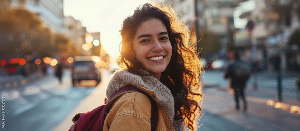 Happy young Hispanic woman strolling through city streets while on vacation with a smile.