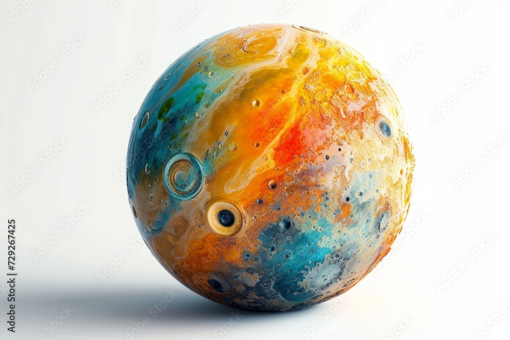 Realistic portrayal of Io, a volcanic moon of Jupiter, with its vivid surface colors and active volcanism against a bright white backdrop Generative AI Realistic portrayal of Io, a volcanic moon of Jupiter, with its vivid surface colors and active volcanism against a bright white backdrop Generative AI