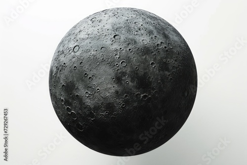 Realistic portrayal of Umbriel, a moon of Uranus, showcasing its dark surface and ancient cratering against a bright white backdrop Generative AI