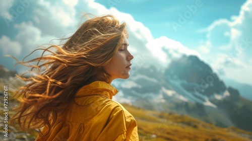 Realistic portrayal of a close-up of a girl in the mountains, hair blowing in the wind, capturing a moment of tranquility amidst the scenic vista Generative AI