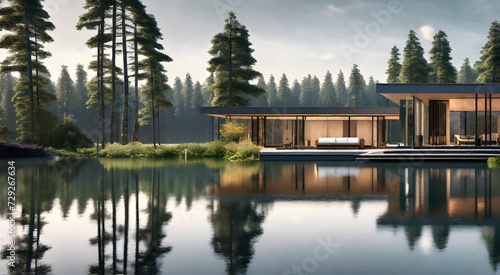 Image of a quiet, modern home located next to a lake in a quiet forest. generative AI.