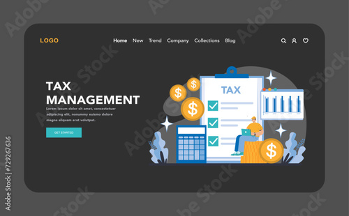 Tax Management night or dark mode web or landing page. Fiscal strategies and financial planning for compliance and optimization. Economic analysis and budgeting. Flat vector illustration.