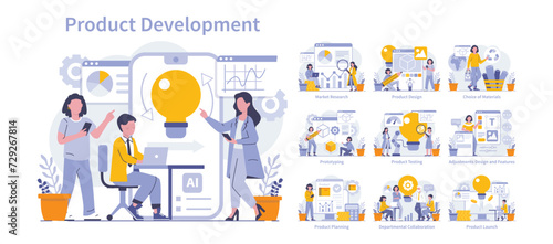 Product development set. Stages from idea to market in detailed scenes. Teamwork in innovation, market analysis, design, material selection, and launch. Vector illustration.