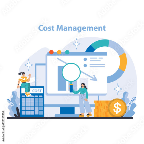 Cost Management concept. Strategic financial analysis for budget optimization. Cost reduction and resource allocation. Profit maximization focus. Flat vector illustration.