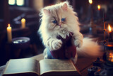 A cat magician sitting with book and candles, holding magic wand
