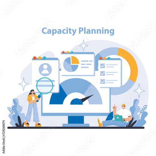 Capacity Planning concept. Analyzing personnel and production capabilities. Resource allocation for maximum efficiency. Forecasting future demands. Flat vector illustration.