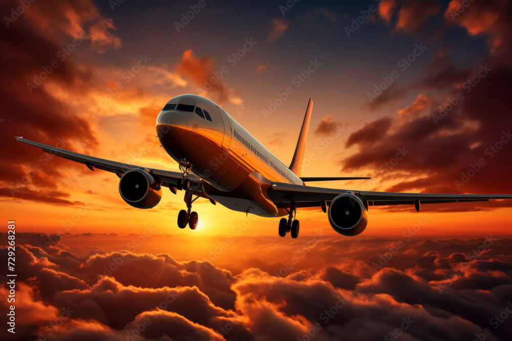 Travel concept - big passengers airplane soaring majestically through a stunning, multicolored sunset sky