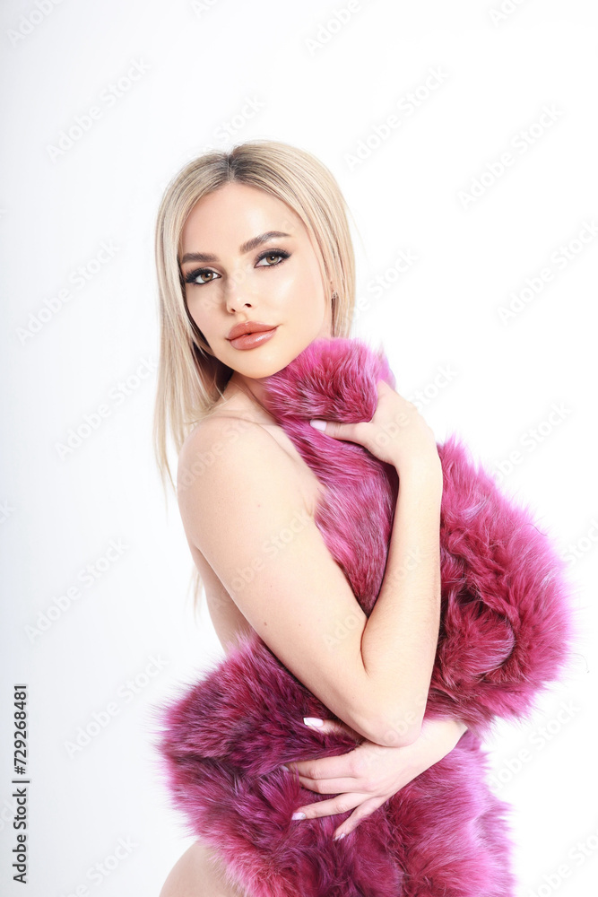 glamorous photo of a girl in lingerie and a bright purple fur coat made of natural fur. background white glamorous photo of a girl in lingerie and a bright purple fur coat made of natural fur. background white