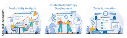 Productivity boosting set. Visual guide to increasing efficiency. Analyzing data, developing plans, automating tasks. Streamlining corporate processes. Flat vector illustration.