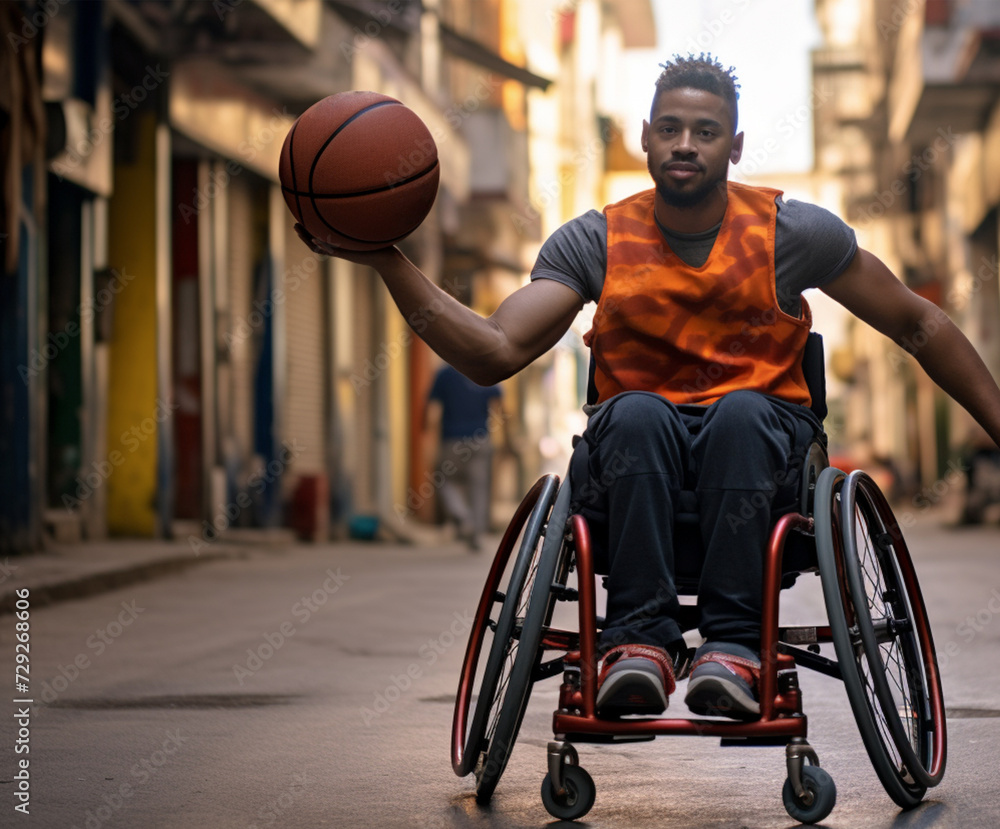 Fototapeta premium Disabled man in a wheelchair plays basketball on the street. Equal opportunity concept
