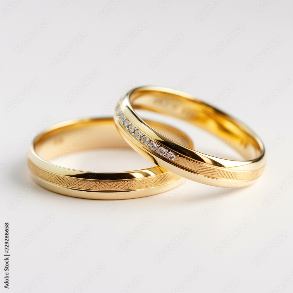 Wedding rings: A close-up shot of two wedding rings on a white background, with a soft light illuminating the rings Wedding rings: A close-up shot of two wedding rings on a white background, with a soft light illuminating the rings