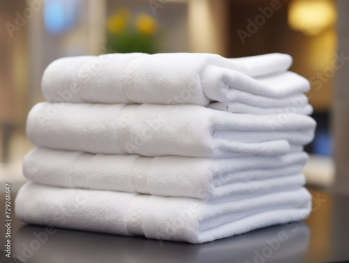 photo of stack of folded towels, depth of field, hospitality
