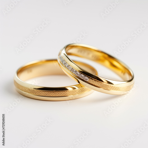 Wedding rings: A close-up shot of two wedding rings on a white background, with a soft light illuminating the rings 