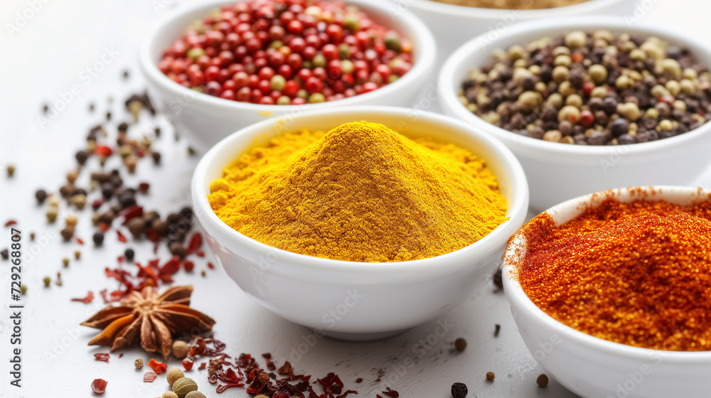 Vibrant ground turmeric in a white bowl, surrounded by assorted spices including red pepper flakes, mixed peppercorns, and star anise on a white surface. 