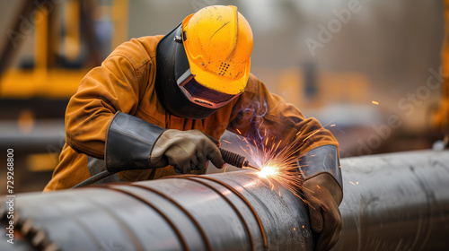 Skilled welder working on industrial steel pipe Generative AI image photo