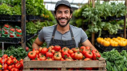 Smiling farmer with fresh tomatoes at market Generative AI image photo