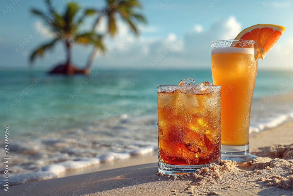 Tropical beach refreshment with two summer cocktails Generative AI image Tropical beach refreshment with two summer cocktails Generative AI image