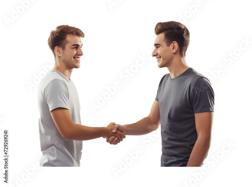 Full size length two young smiling happy men friends together in casual t-shirt meeting together