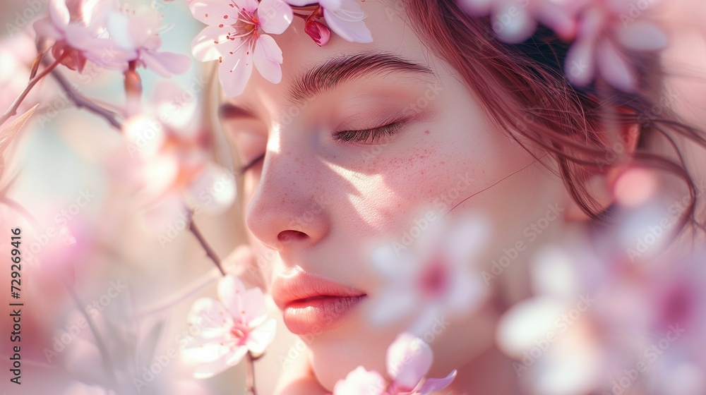 Spring floral, delicate and colorful banner with a beautiful young woman in pastel sophisticated colors with beautiful blooming flowers, spring background for postcards and covers