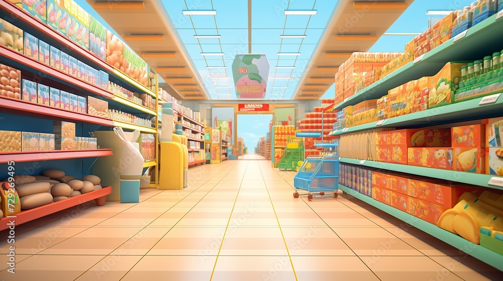 empty 3D cartoon supermarket background