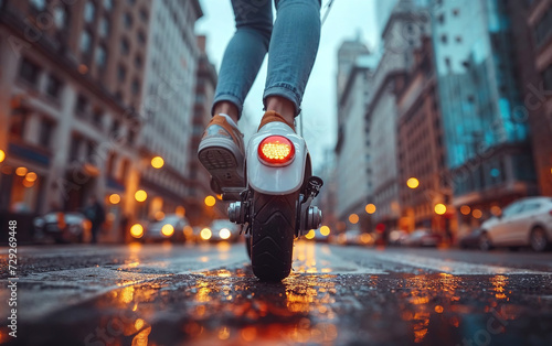 Urban commuting with electric scooter on rainy city street Generative AI image photo