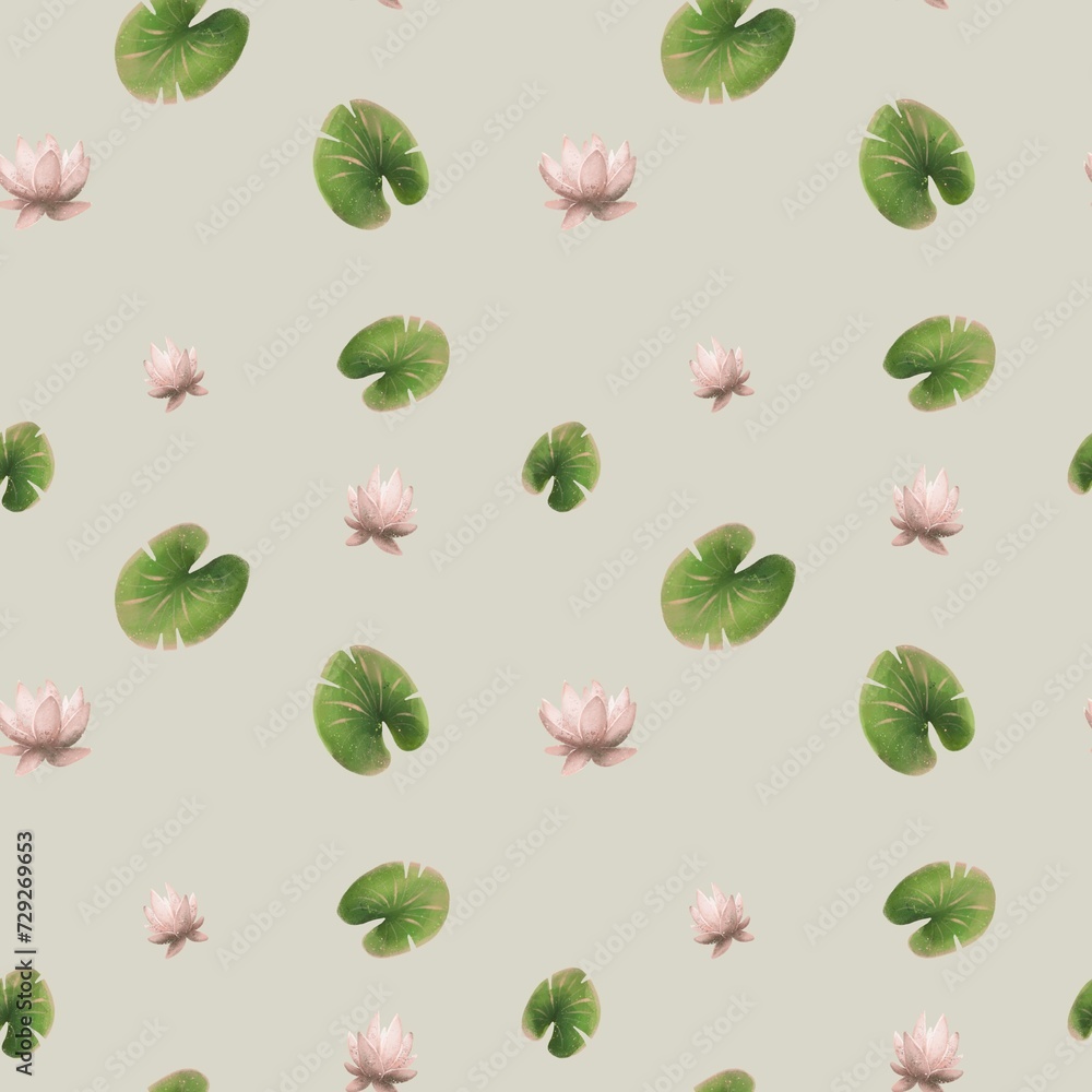 Cute cartoon river plant leaves and lilies on a color background Cute cartoon river plant leaves and lilies on a color background