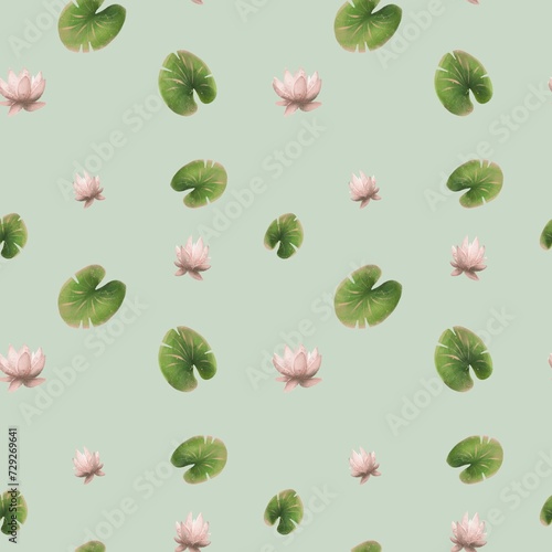 Cute cartoon river plant leaves and lilies on a color background