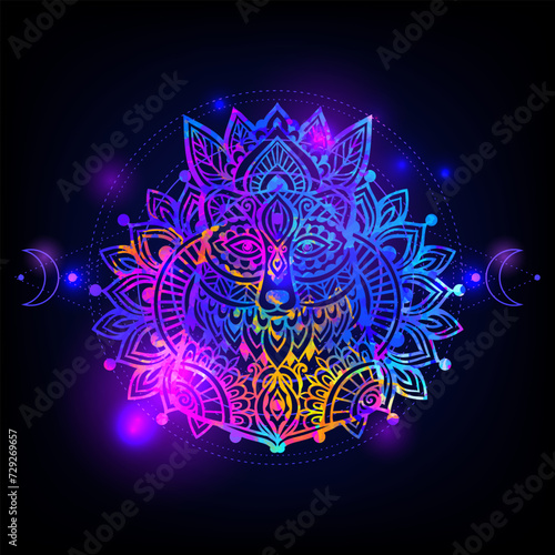 Bear Mandala space. Psychedelic pattern. Vector illustration. Zen Boho art. Decorative mystical, hippie, hallucination psilocybin 60s 70s