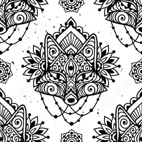 Fox mandala ornament. Vector illustration. Flower Ethnic drawing. Fox animal in Zen boho style. Boho, hippie pattern