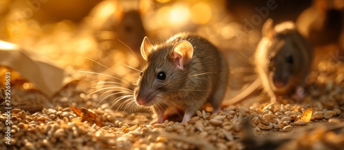 Caged rats feed on grain. photo