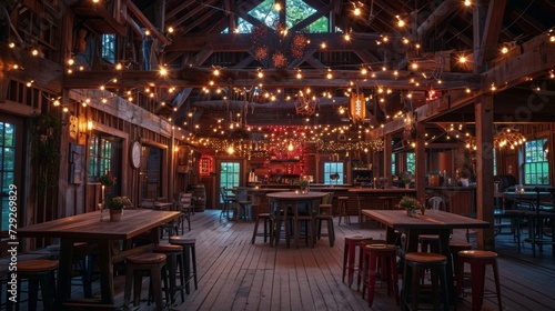 Rustic barn-style event setting, wooden beams, country decor, and cozy lighting, suitable for cooking or crafting streams Generative AI