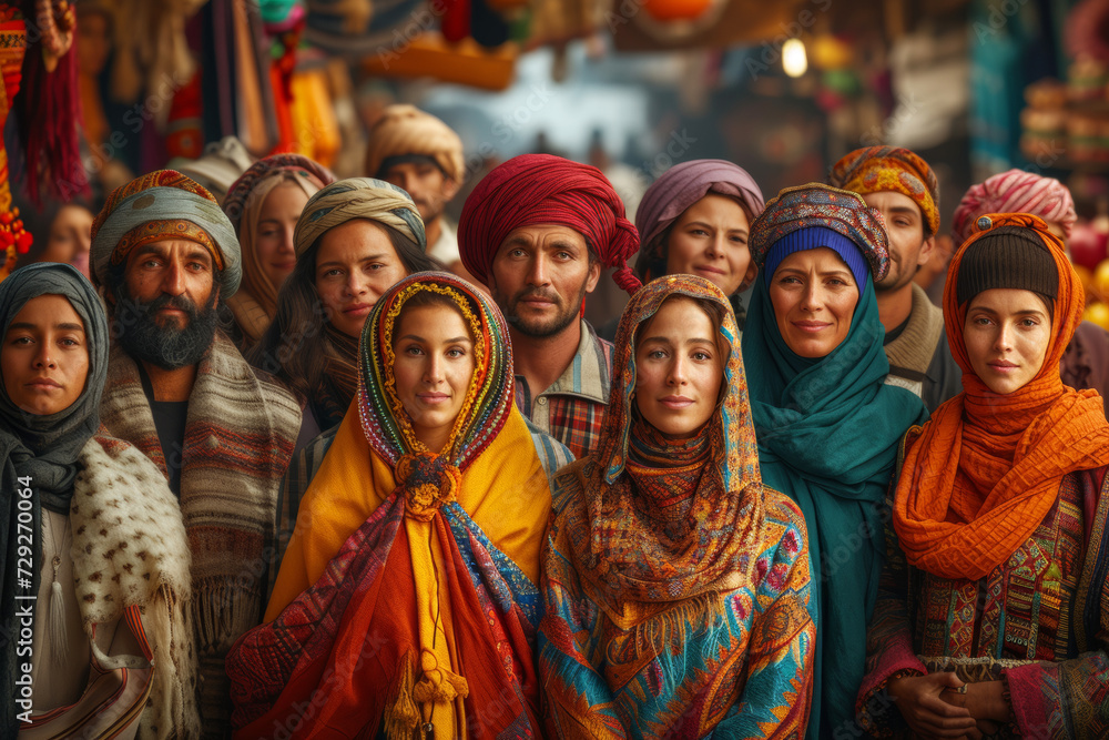 Vibrant Market Scene with Diverse Crowd.
Group of people in colourful attire gathered at a traditional market.